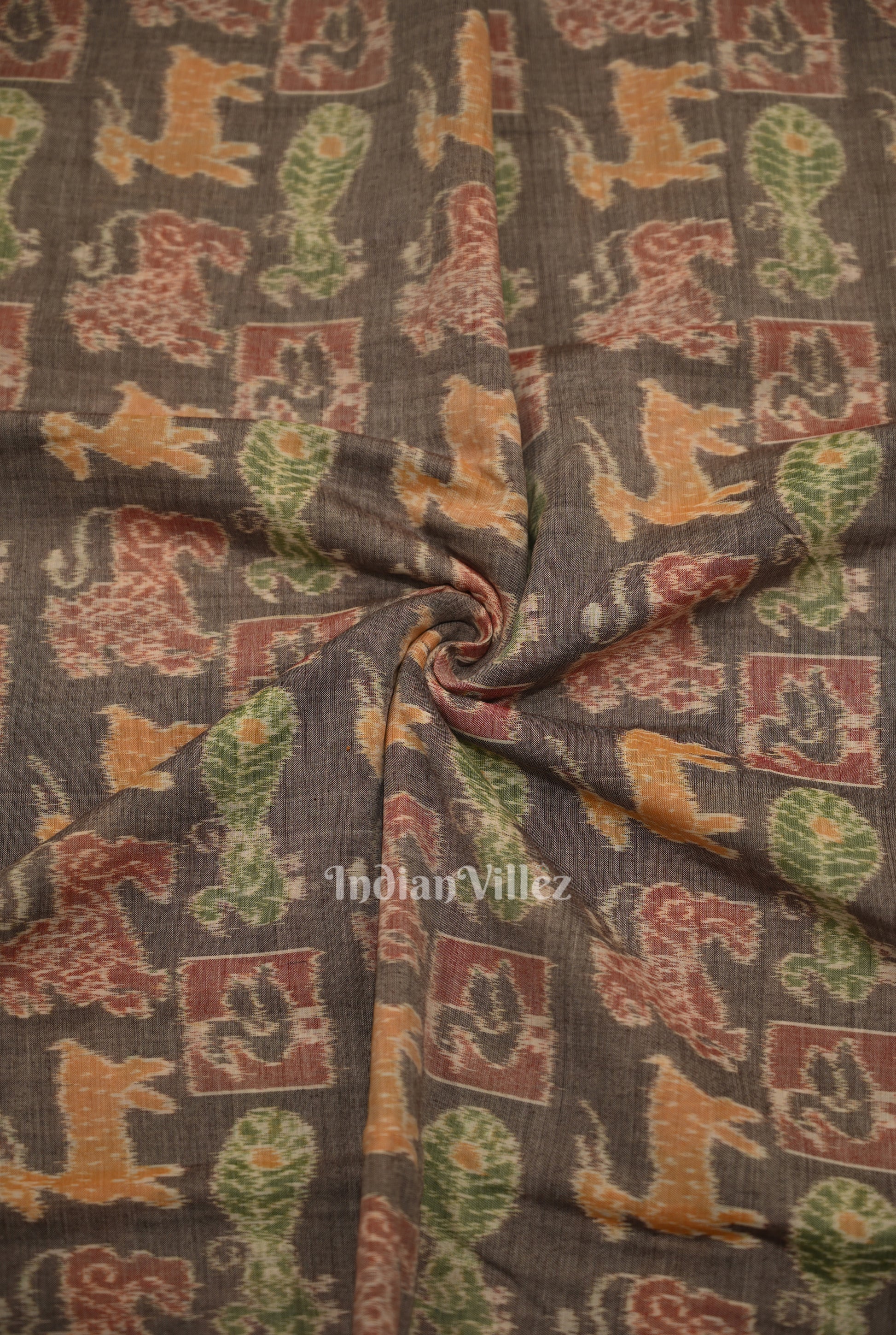 Cement Gray Jungle Theme Sambalpuri Odisha Ikat Cotton Fabric 