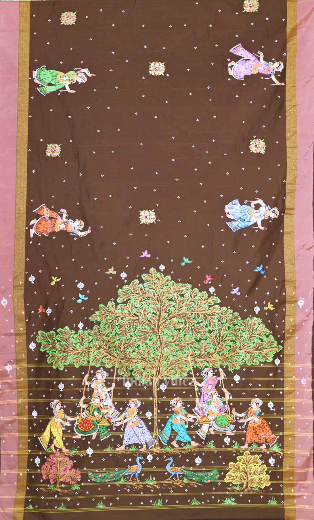 Coffee Brown Radha Krishna Raas Leela Hand-Painted Pattachitra Saree