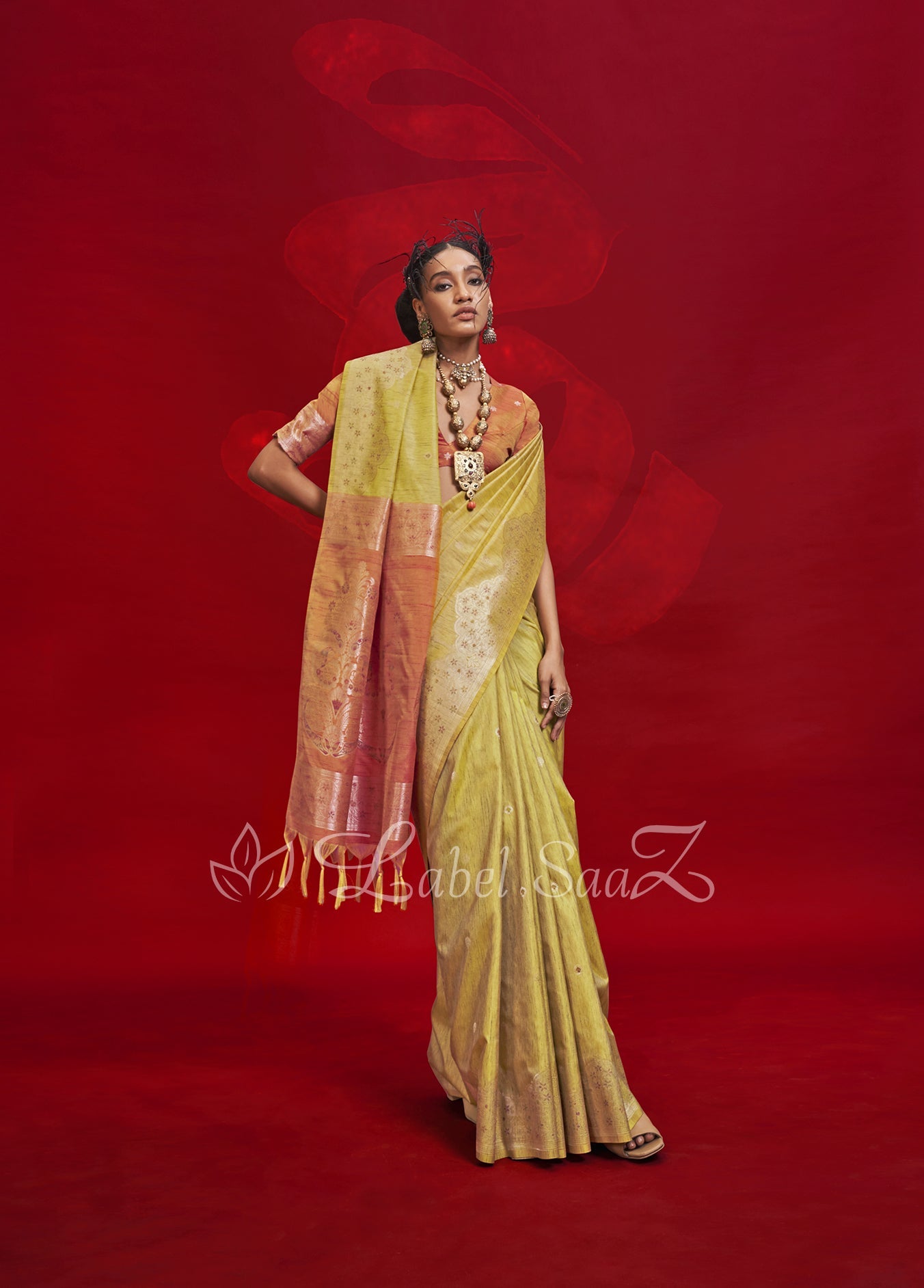 Lemon Yellow Tussar Silk Handloom Weaving Silk Saree