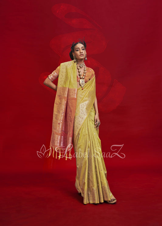 Lemon Yellow Tussar Silk Handloom Weaving Silk Saree