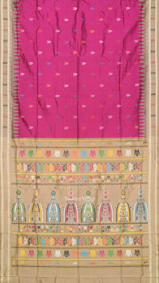 Magenta Pink Shree Mandir Theme Bomkai Sambalpuri Ikat Silk Saree