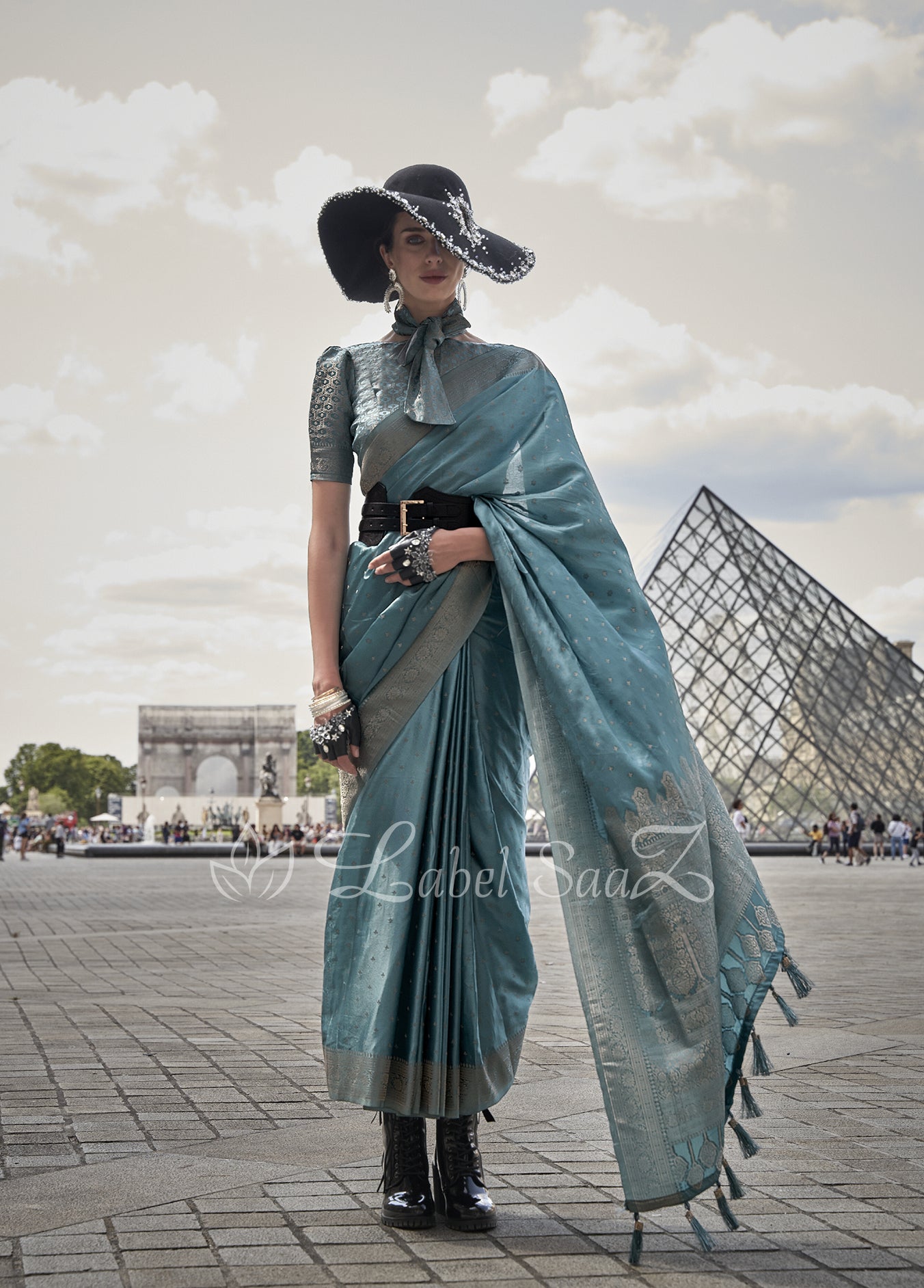 Storm Blue Handwoven Satin Silk Banarasi Saree With Brocade Blouse