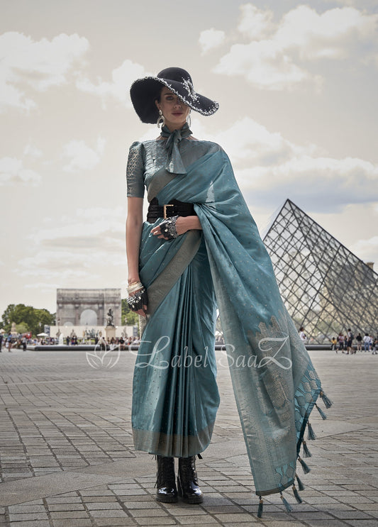 Storm Blue Handwoven Satin Silk Banarasi Saree With Brocade Blouse