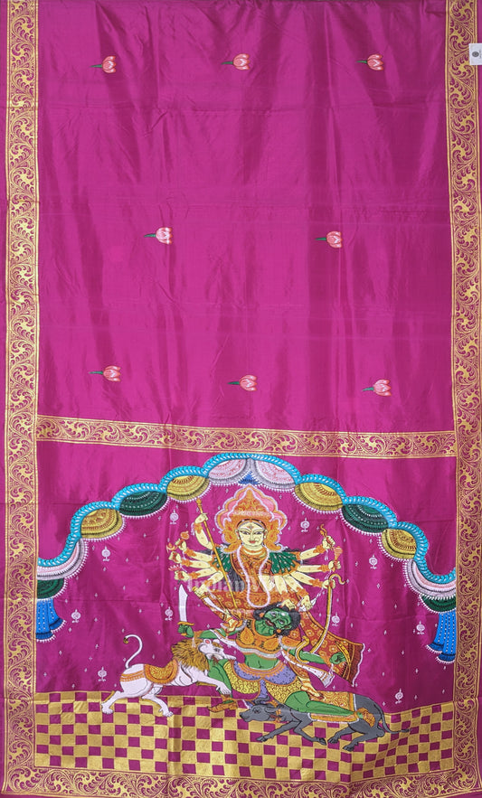 Magenta Pink Durga Puja Theme Hand-Painted Pattachitra Saree