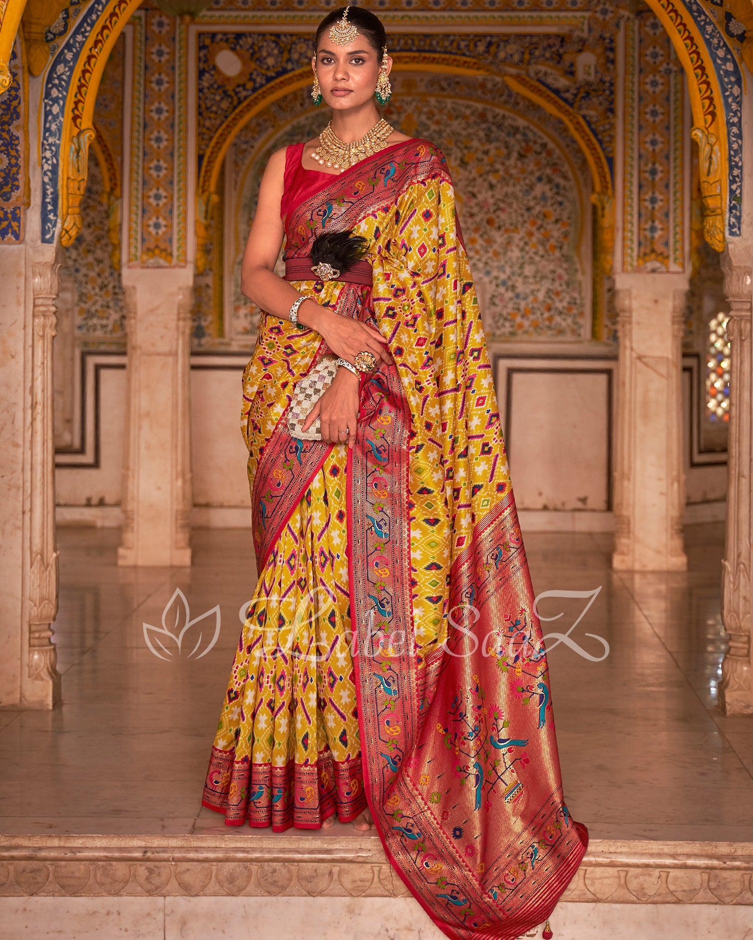 Yellow Red Patola inspired Pochampally with Paithani Border and Pallu