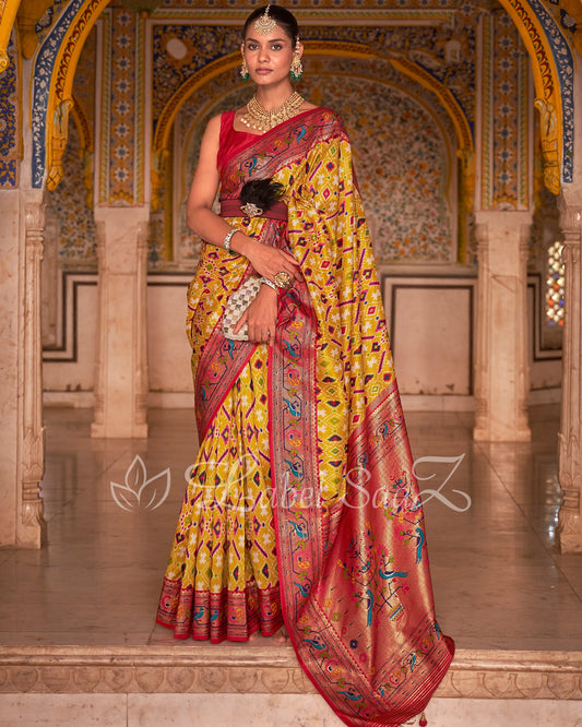 Yellow Red Patola inspired Pochampally with Paithani Border and Pallu