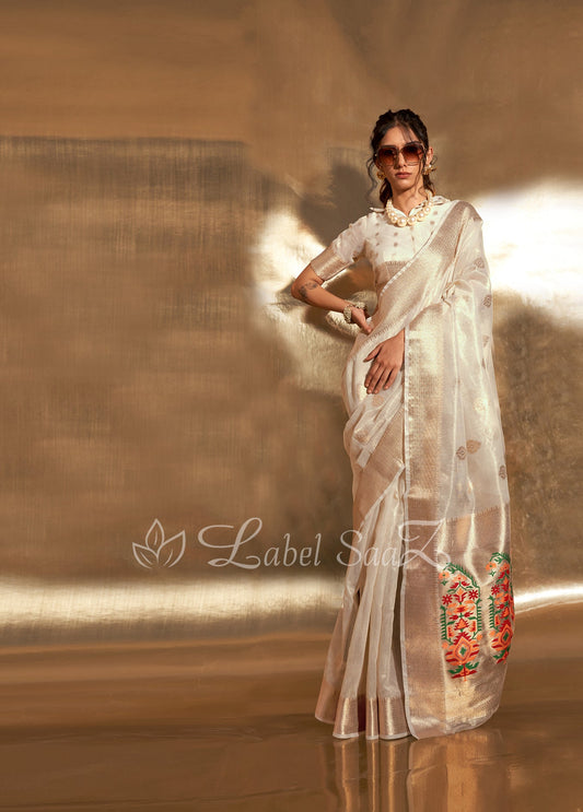 Off White Kora Tissue Handloom Saree With Paithani Pallu