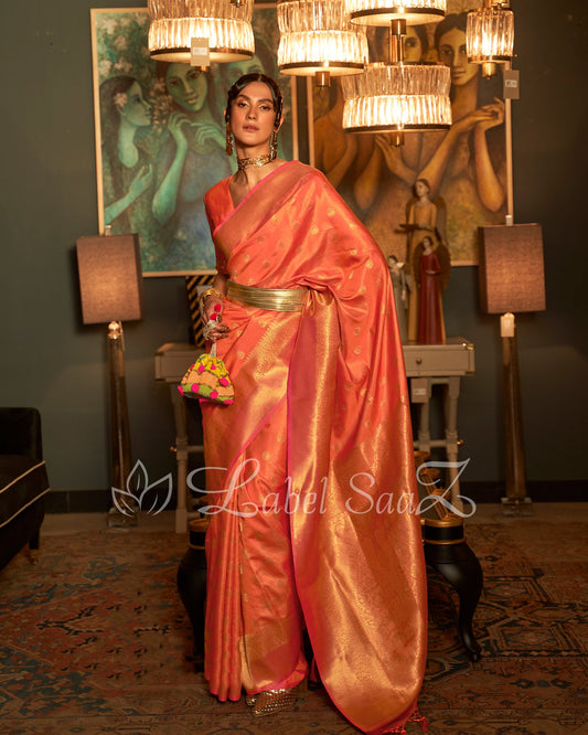 Orange Zari Base Tissue Banarasi Handloom Saree
