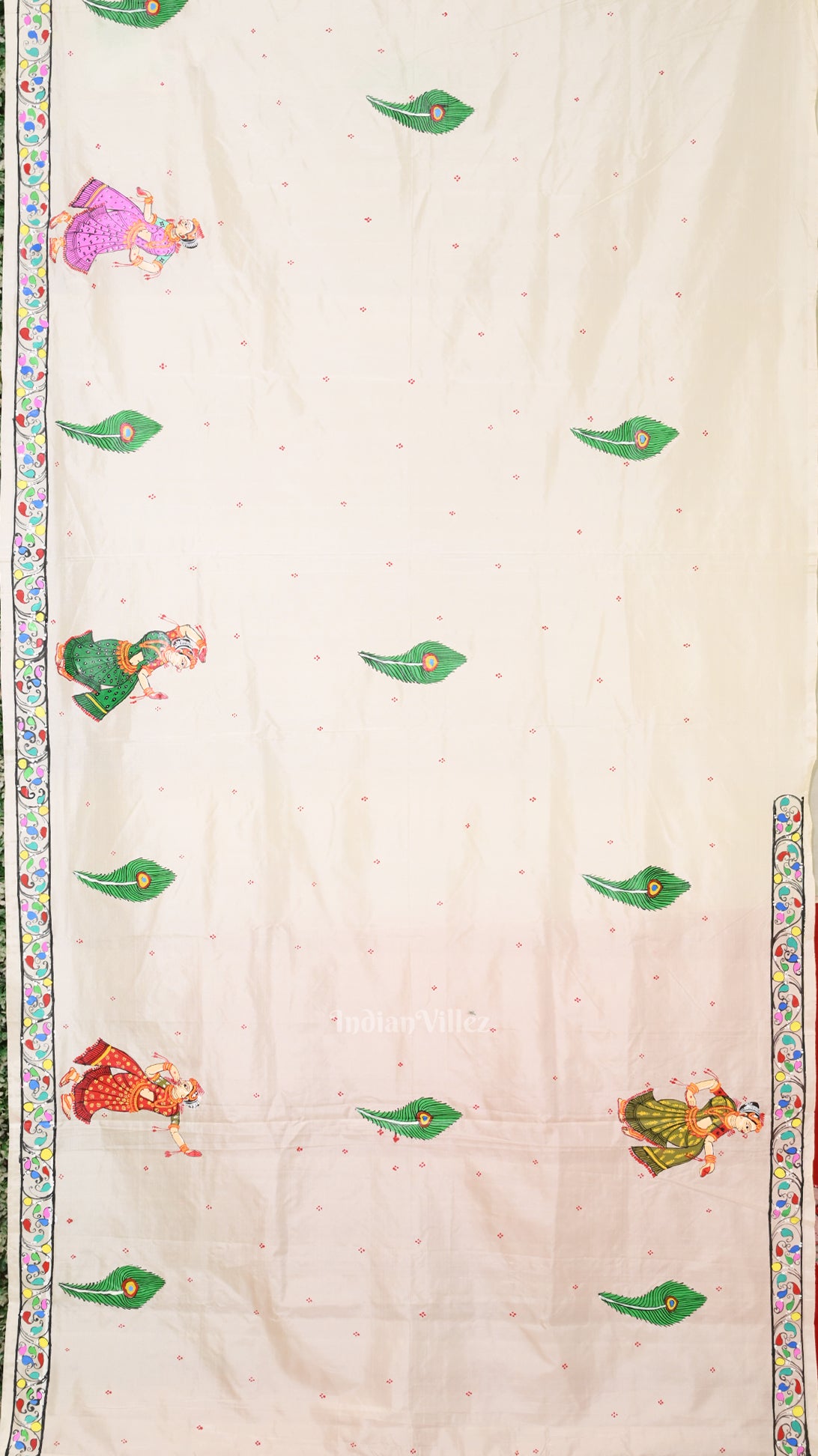 Red White Radha Krishna Pattachitra on Mulberry Silk Saree