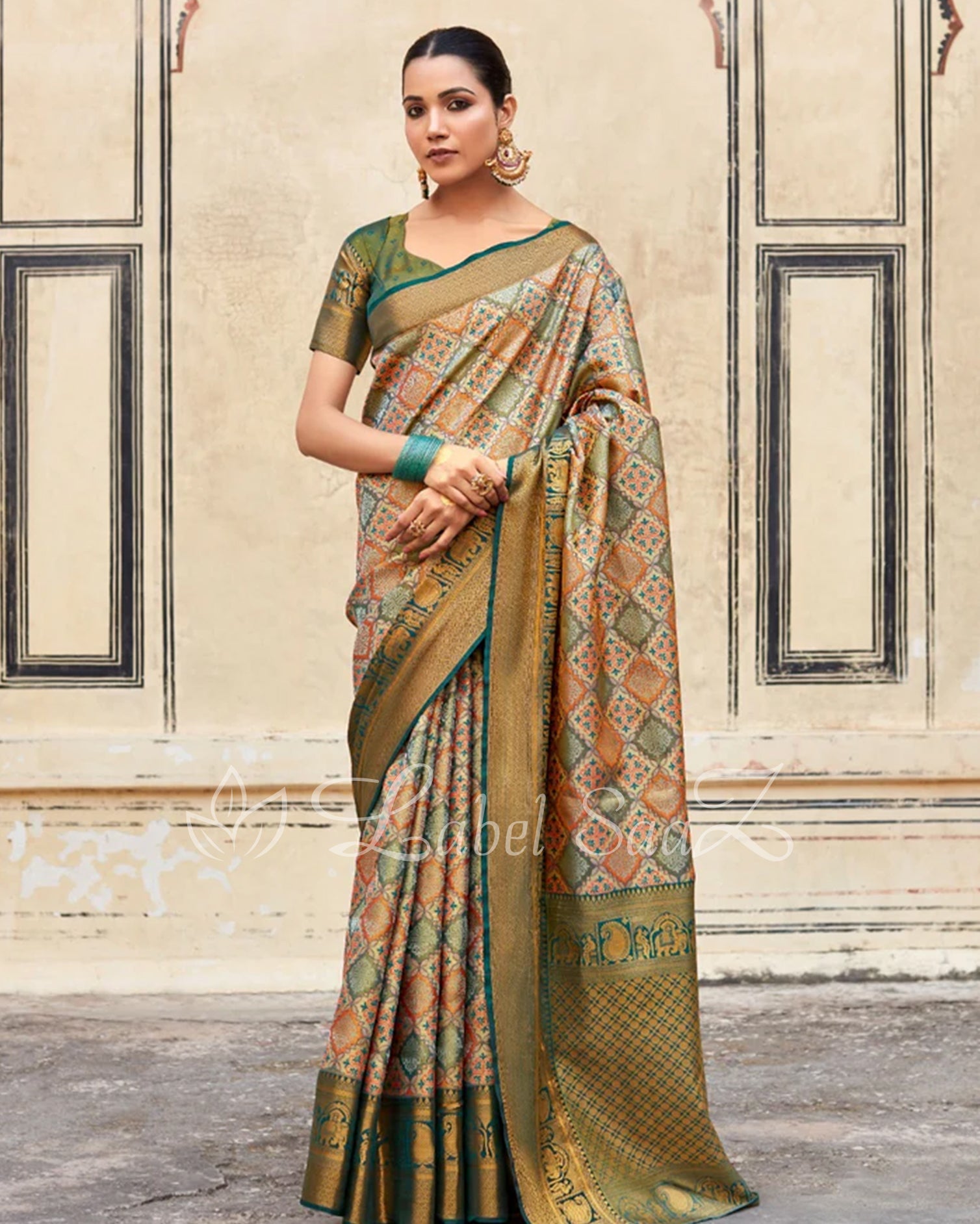 Green Multi Color Pure Brocade Tissue Kanjivaram Saree