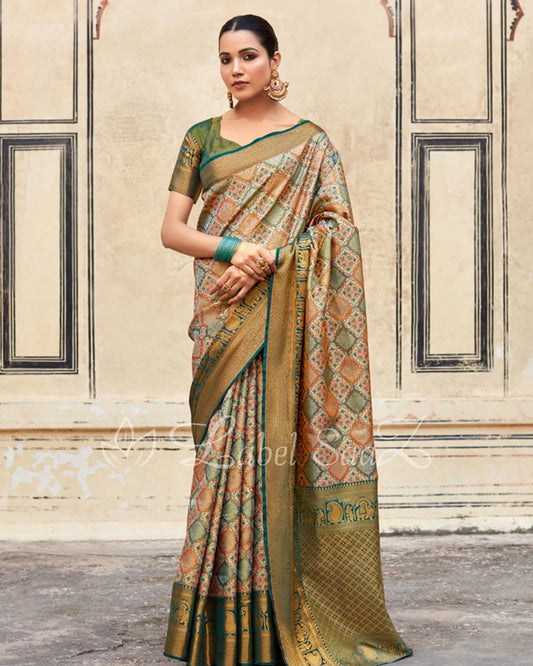 Green Multi Color Pure Brocade Tissue Kanjivaram Saree