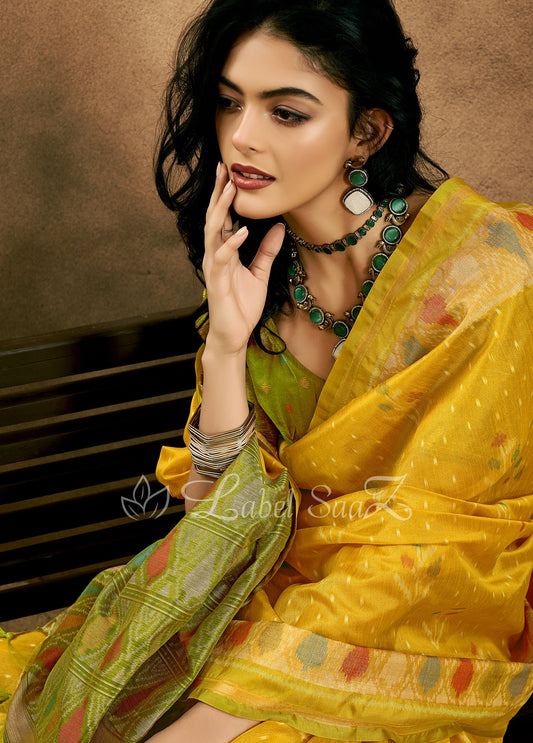 Mustard Yellow Weaving Silk Zari Saree With Tassels 