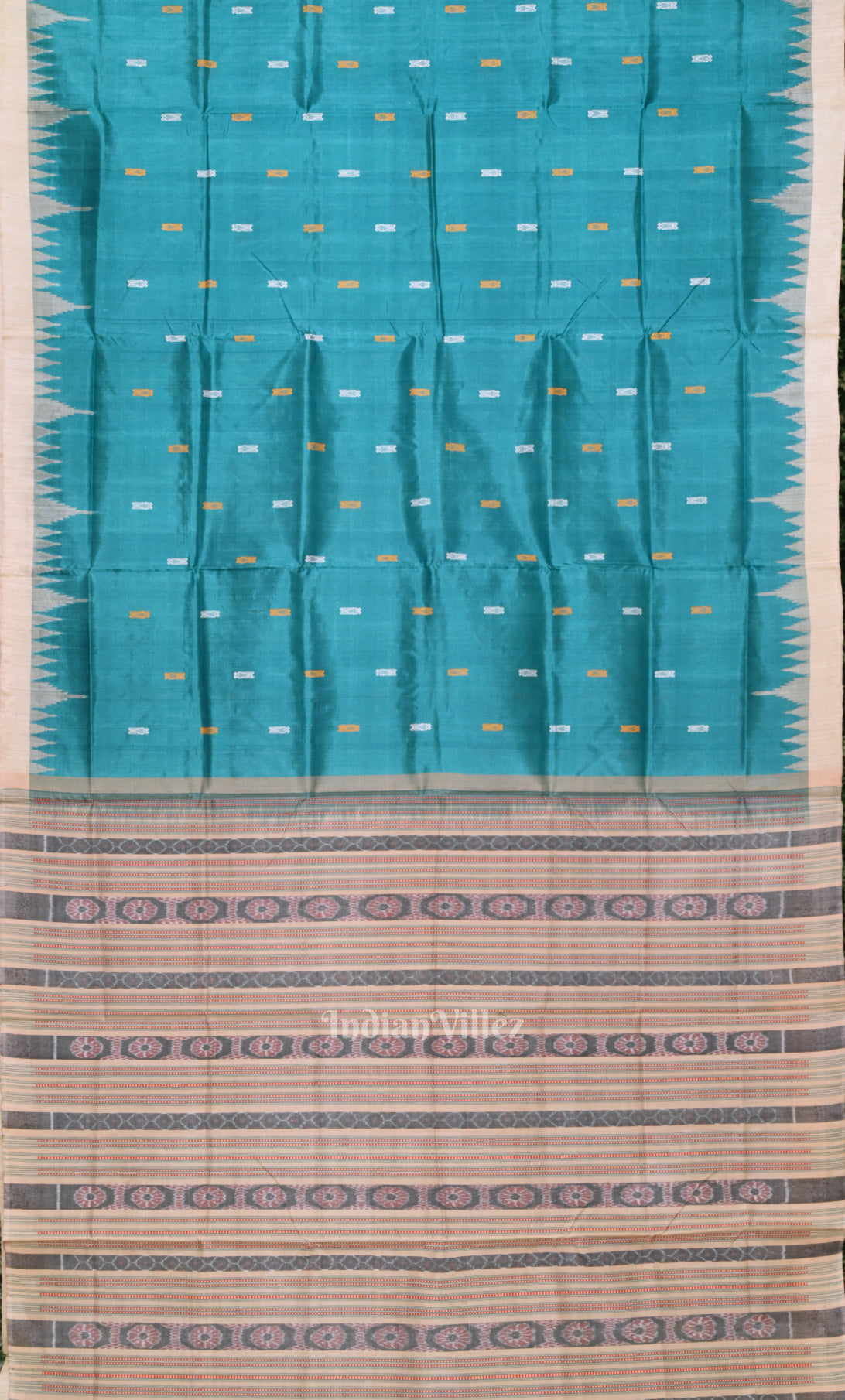 Teal Blue Sambalpuri Phoda Kumbha Tussar Silk Saree with Sarabandha Anchal 