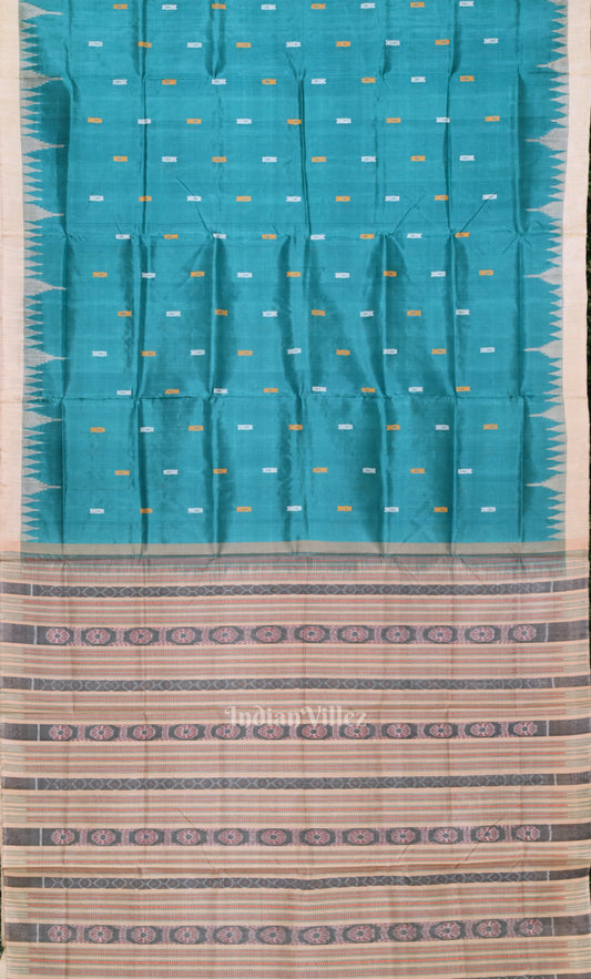 Teal Blue Sambalpuri Phoda Kumbha Tussar Silk Saree with Sarabandha Anchal 