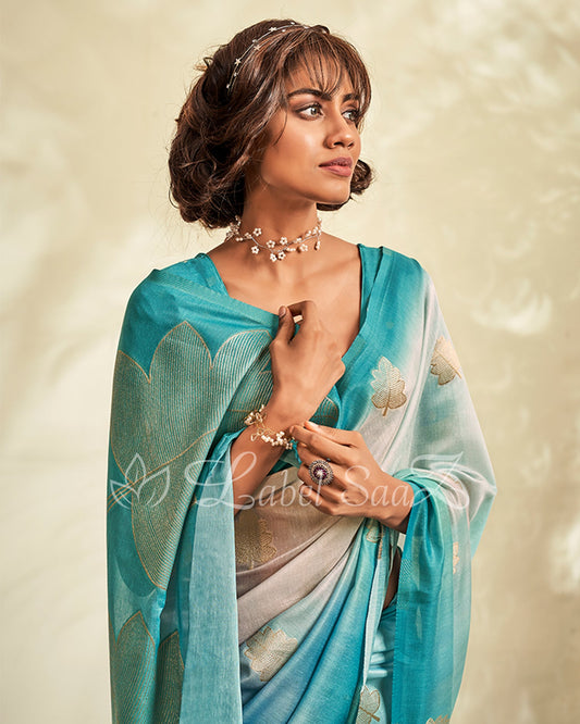 Blue Shaded Floral Linen Saree with Zari work