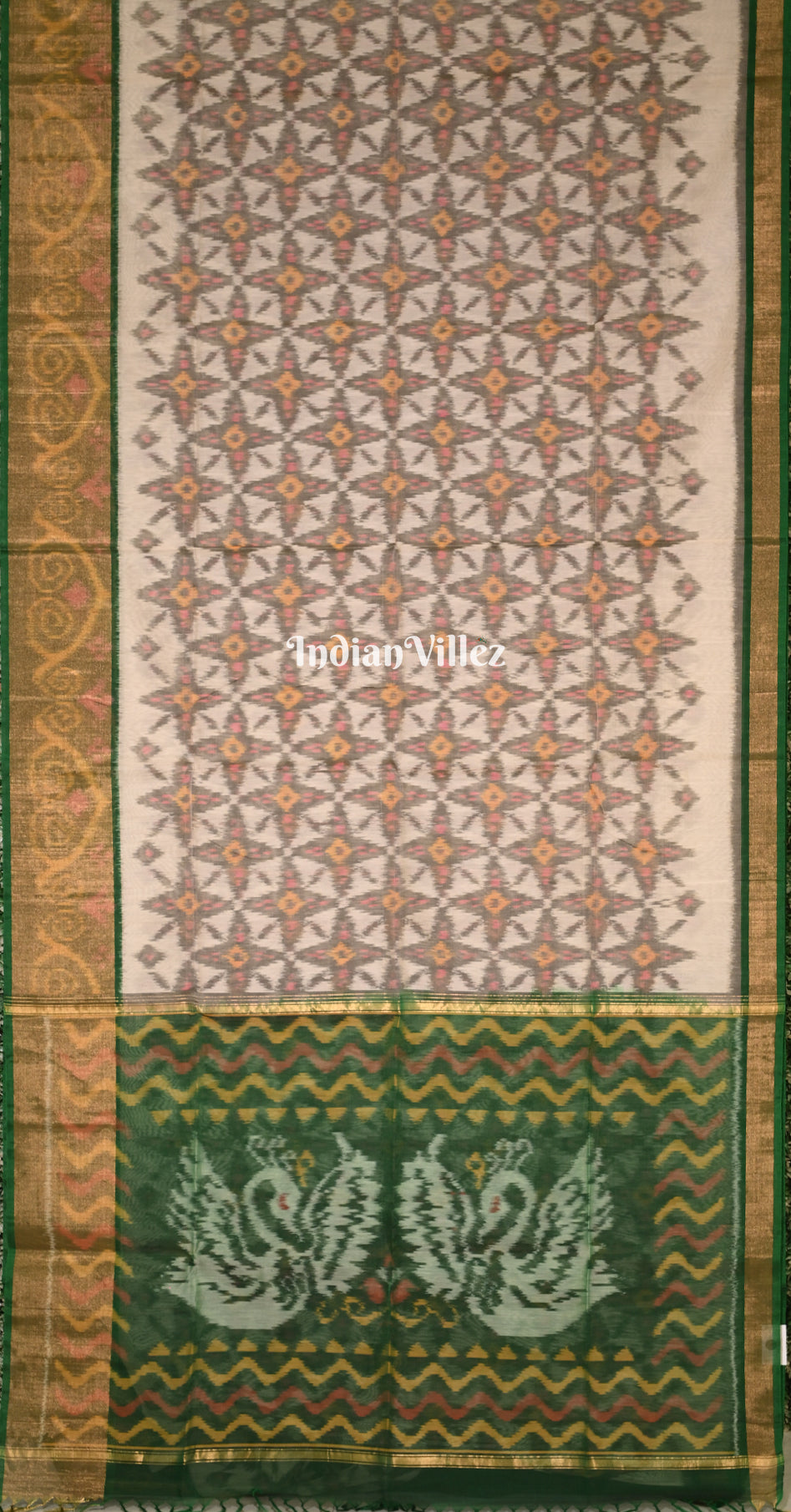 Cream Green Pochampally Ikat Silk Cotton (Sico) Saree 
