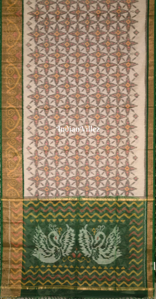 Cream Green Pochampally Ikat Silk Cotton (Sico) Saree 