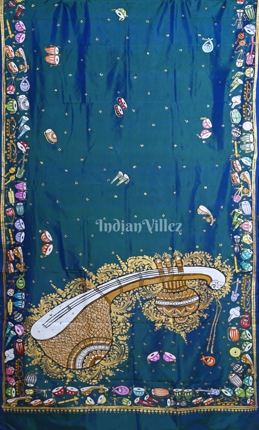 Peacock Blue Sitar Instrument Hand-Painted Pattachitra Saree