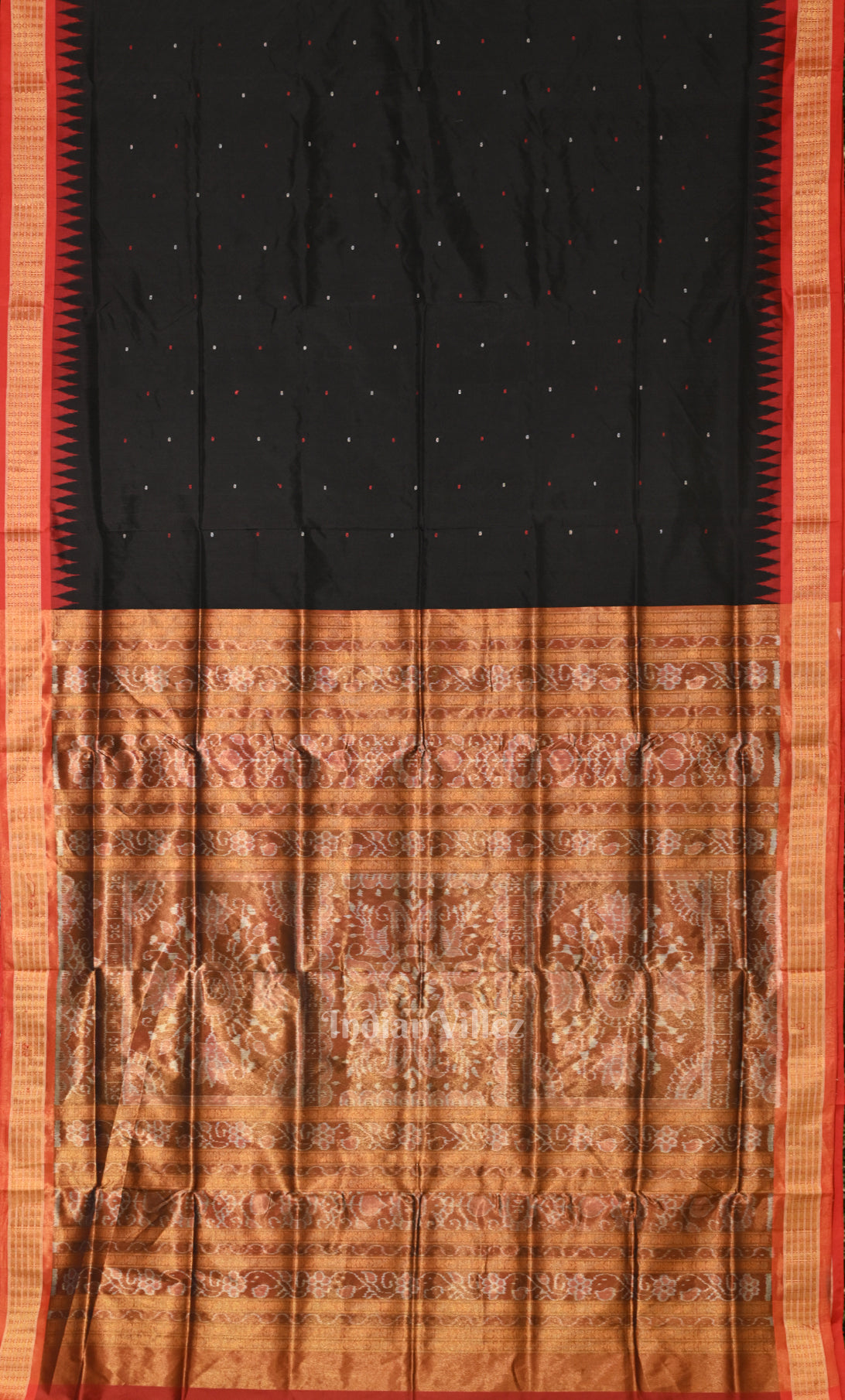 Black Red Buti Design Bomkai Sambalpuri Ikat Silk Saree 