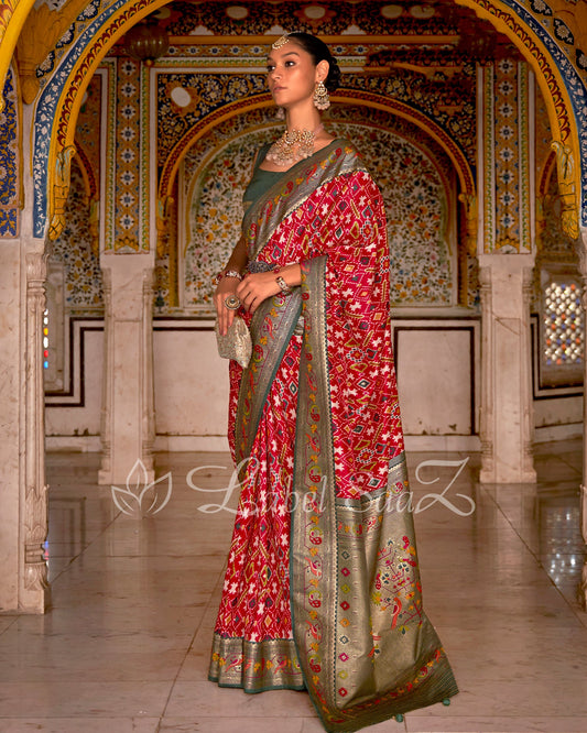 Red blue Patola inspired  Pochampally with Paithani Border and Pallu