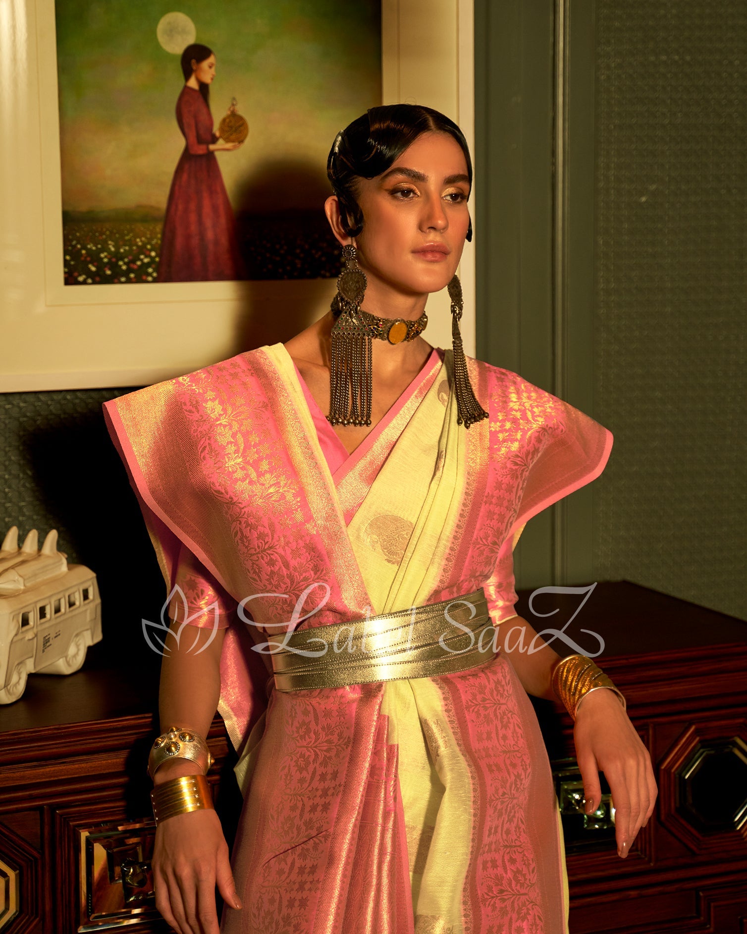 Lemon Pink Linen Handloom with Copper Zari Weaving 