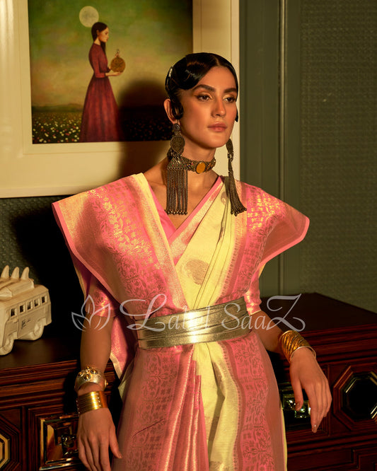 Lemon Pink Linen Handloom with Copper Zari Weaving 