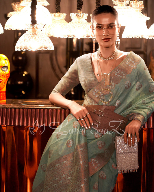 Mint Linen Banarasi With Copper Zari Saree