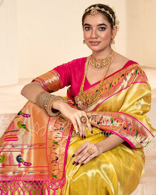 Gold Rewa Tissue Handloom Paithani Saree