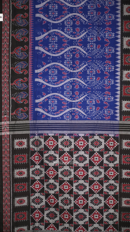 Blue Black Floral Odisha Ikat Sambalpuri Cotton Saree 