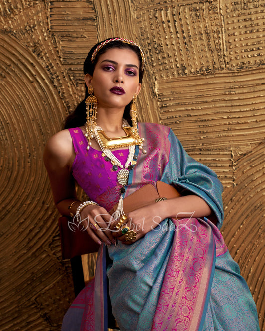 Sky Pink Chaap Handloom Weaving Silk Saree