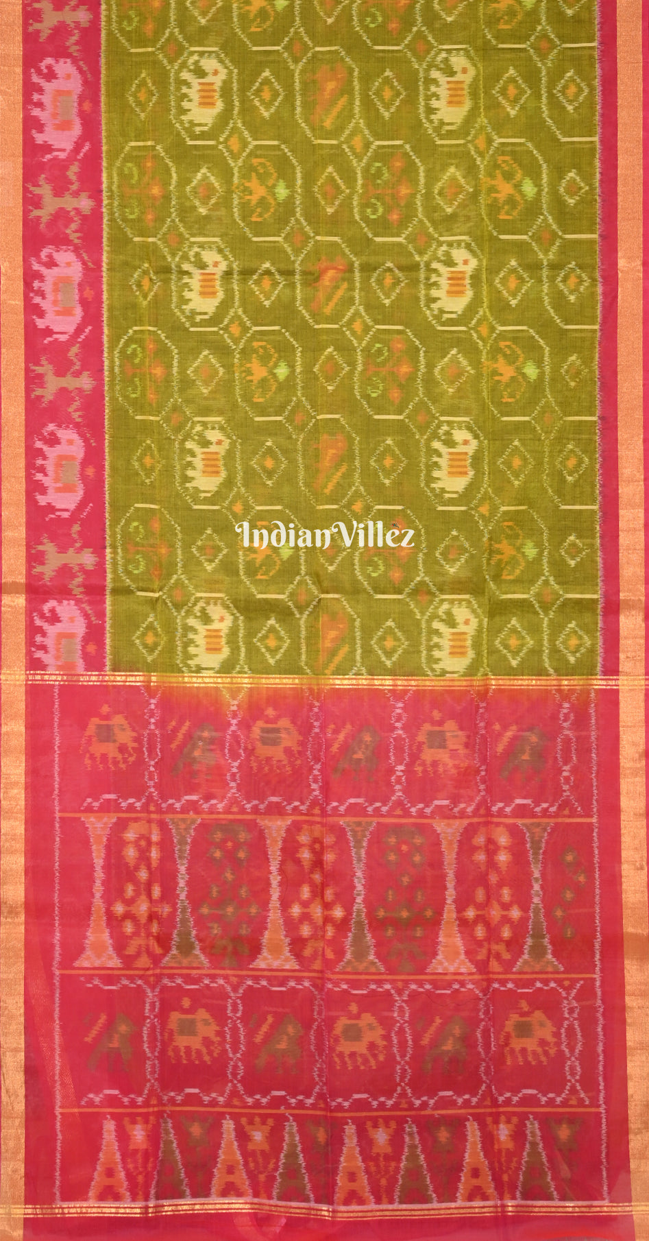 Mehendi Green Pink Pochampally Ikat (Sico) Saree