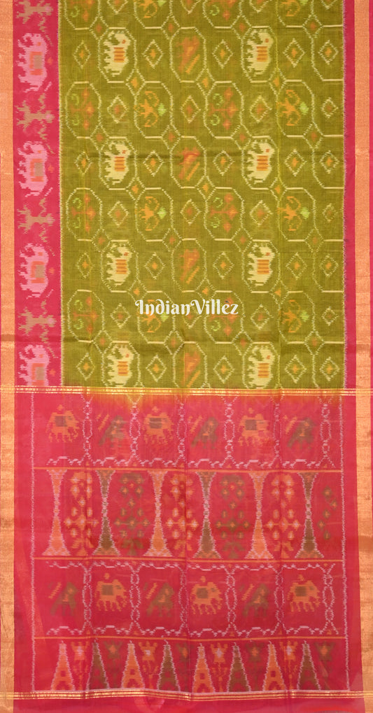 Mehendi Green Pink Pochampally Ikat (Sico) Saree