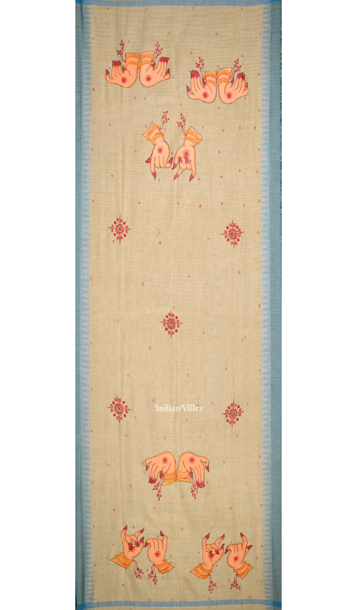 Cream Blue Mudra Theme Hand-Painted Tussar Pattachitra Dupatta