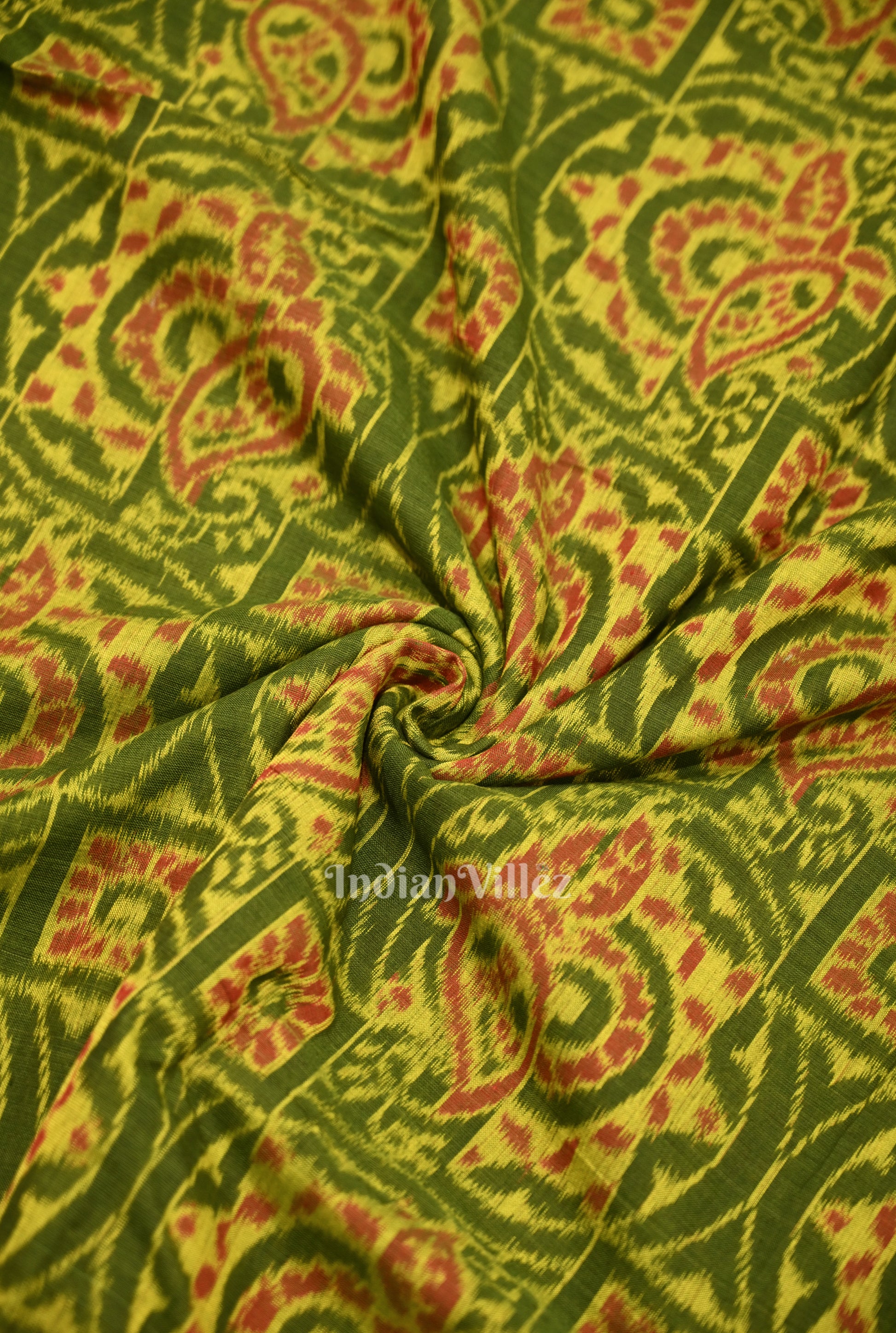 Mehendi Green Flower Motif Sambalpuri Ikat Cotton Fabric