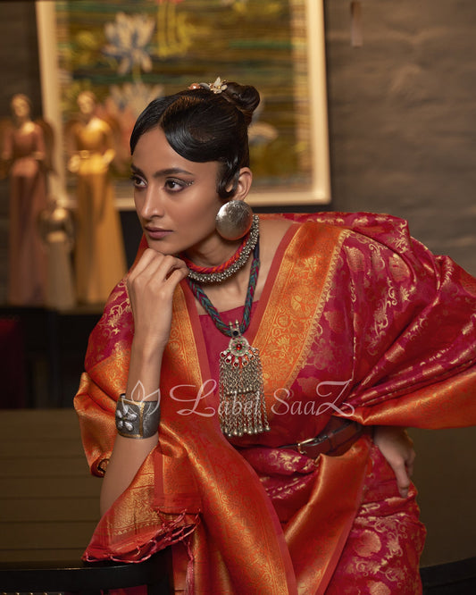 Red Pure Chaap Handloom Weaving Silk Saree