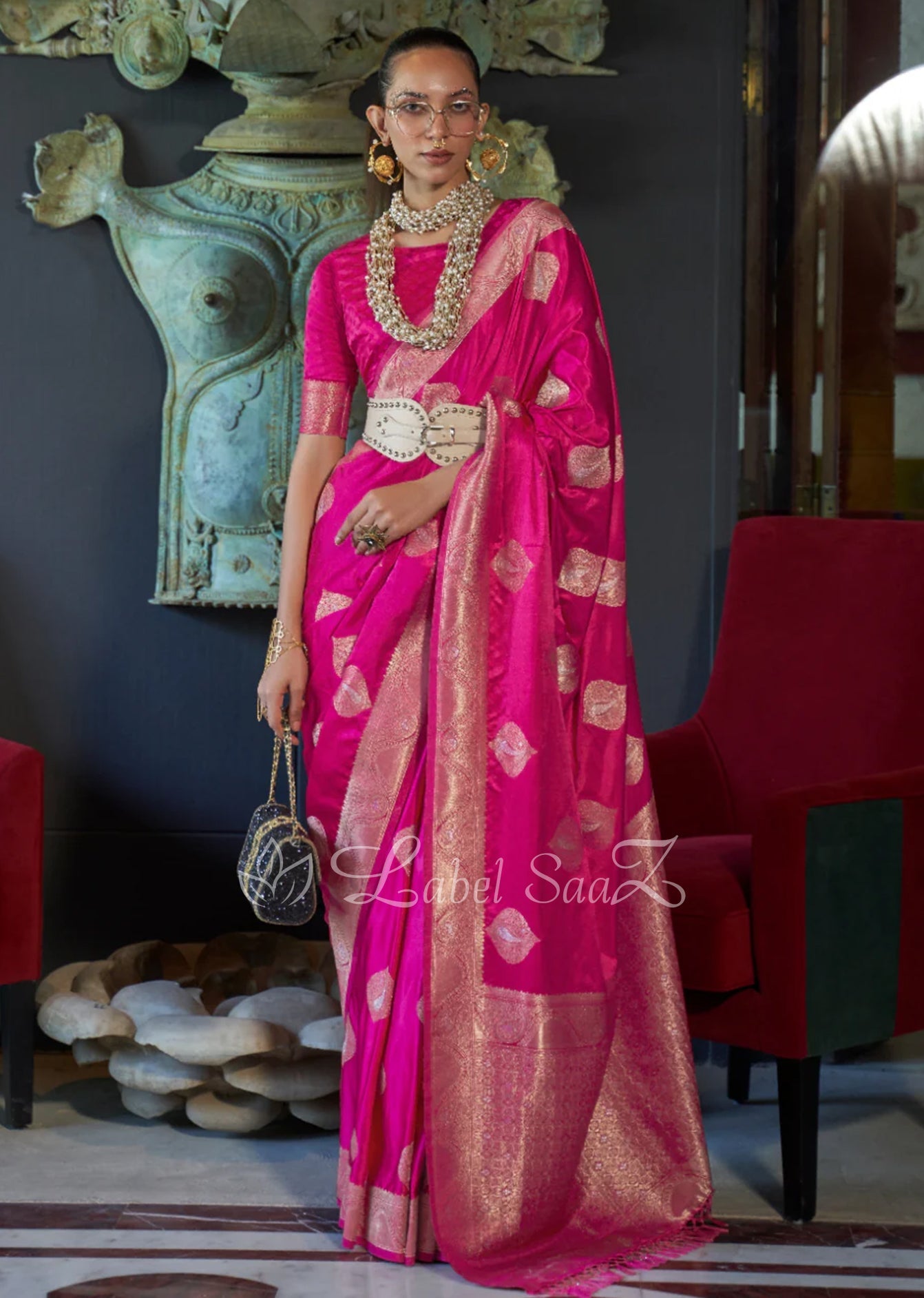 Pink Pure Handwoven Satin Silk Banarasi Saree