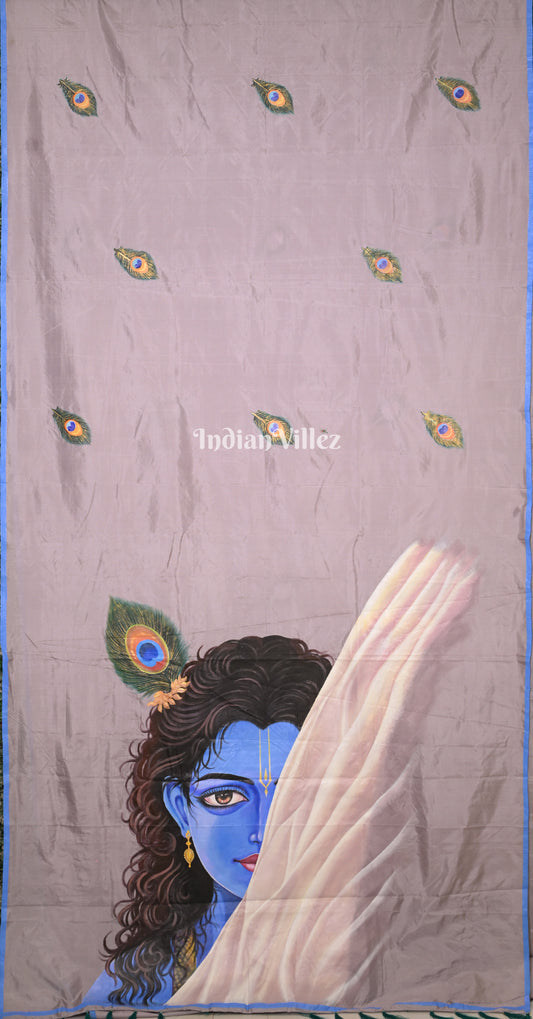Lavender Lord Krishna with Peacock Feather Hand-Painted Pattachitra Saree 