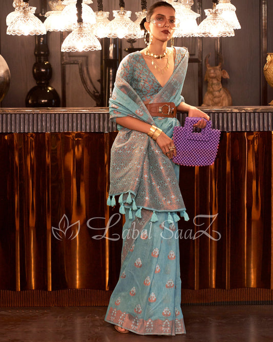Sky Blue Linen Banarasi With Copper Zari Saree
