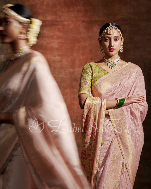 Peach Green Designer Meenakri Banarasi with Kashmiri Embroidery and Heavy Blouse