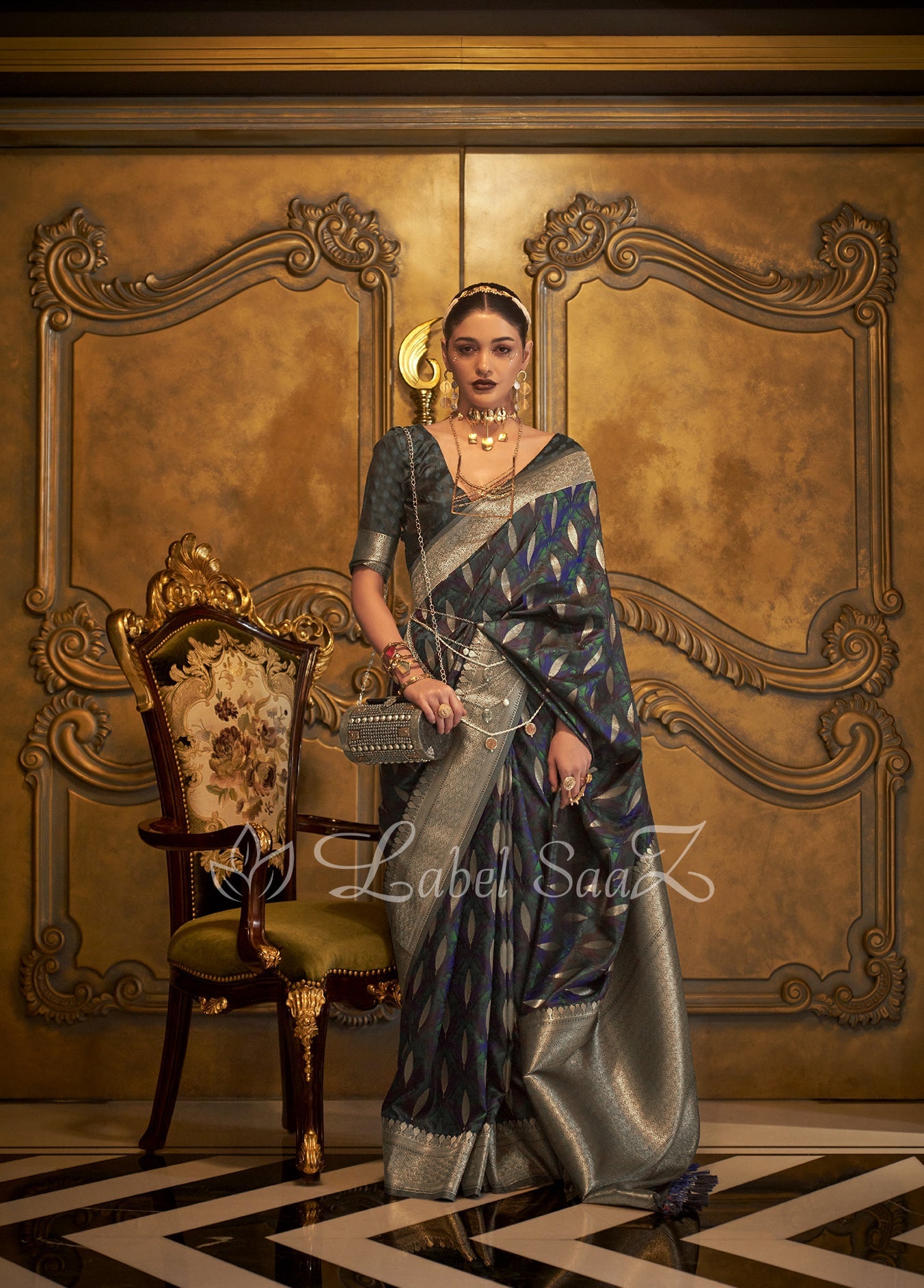 Navy Blue Zari Handwoven Banarasi Satin Silk Saree