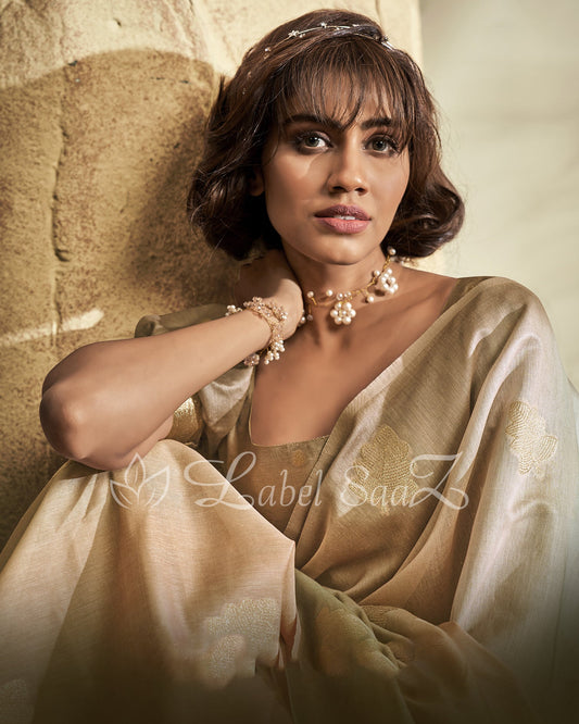 Golden Shaded Floral Linen Saree with Zari Work