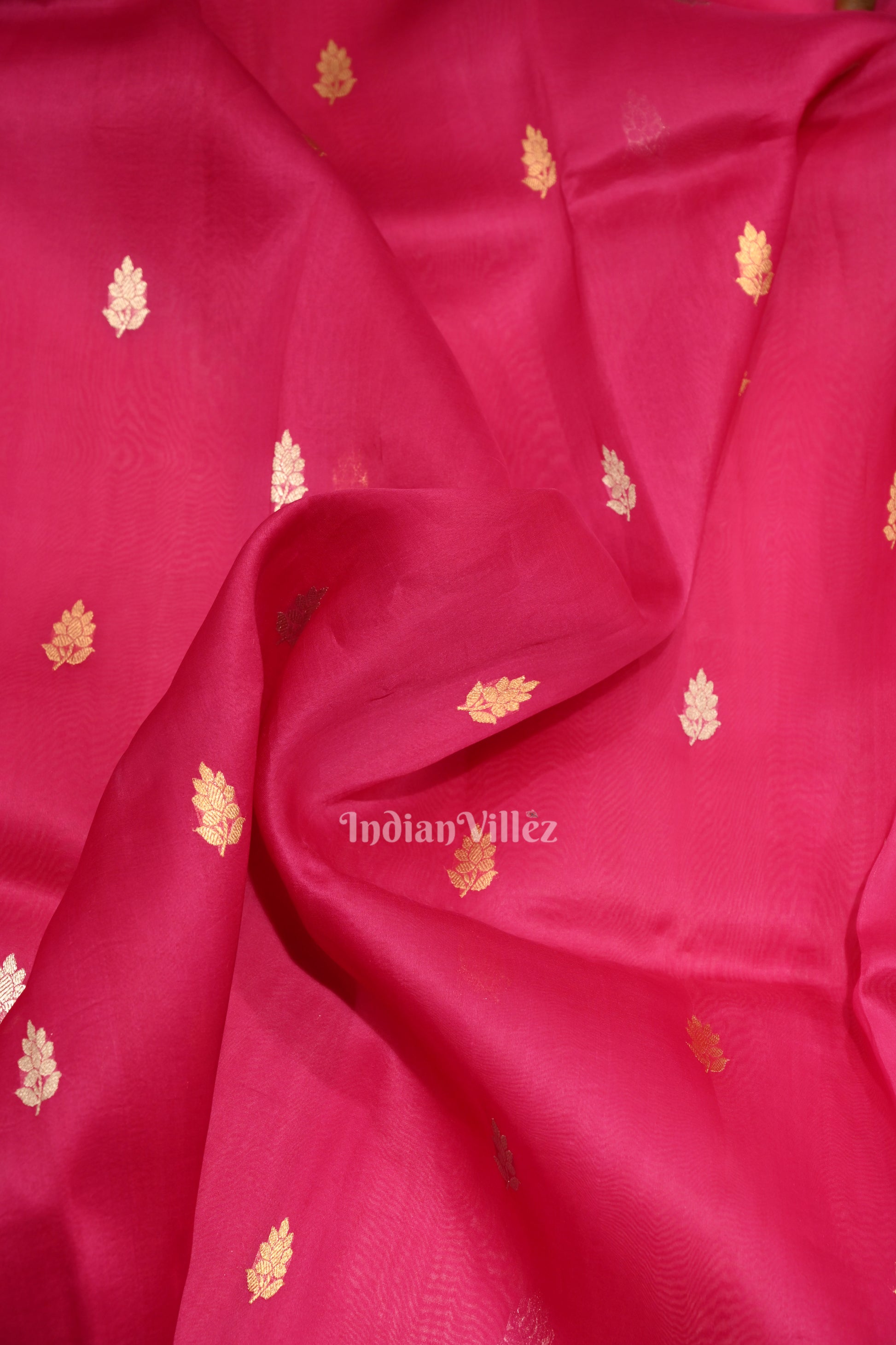 Rani Pink Banarasi Silk Saree With Floral Handwork