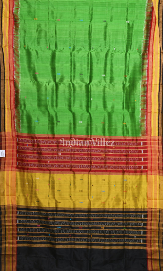 Green Black Fish Motif Kathiphera Odisha Ikat Khandua Silk Saree 