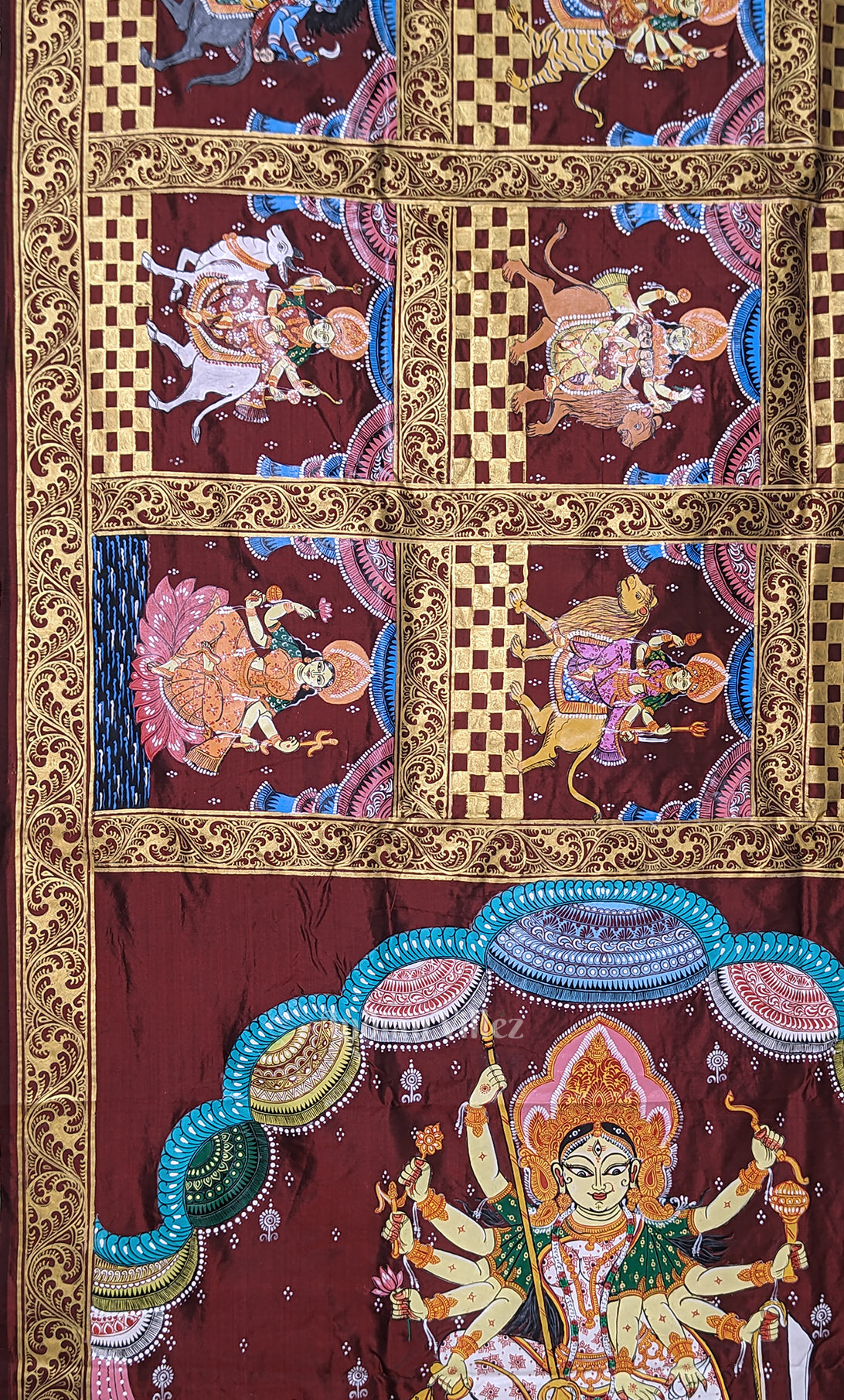 Maroon Navaratri Durga Puja Theme Hand-Painted Pattachitra Saree
