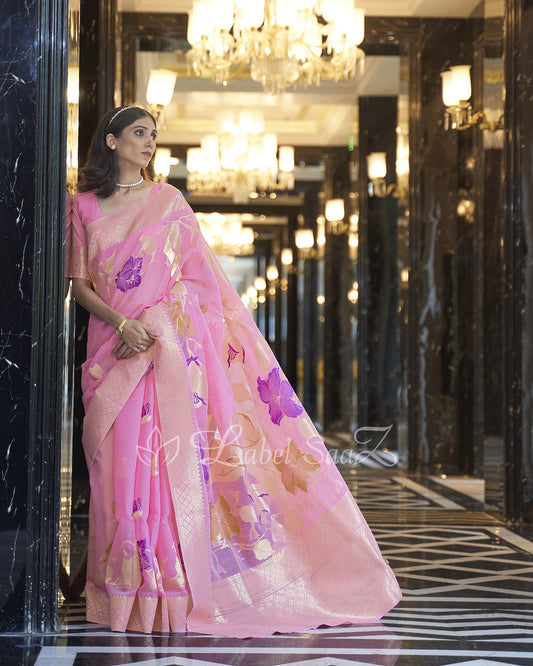 Pink Floral Handwoven Linen Saree