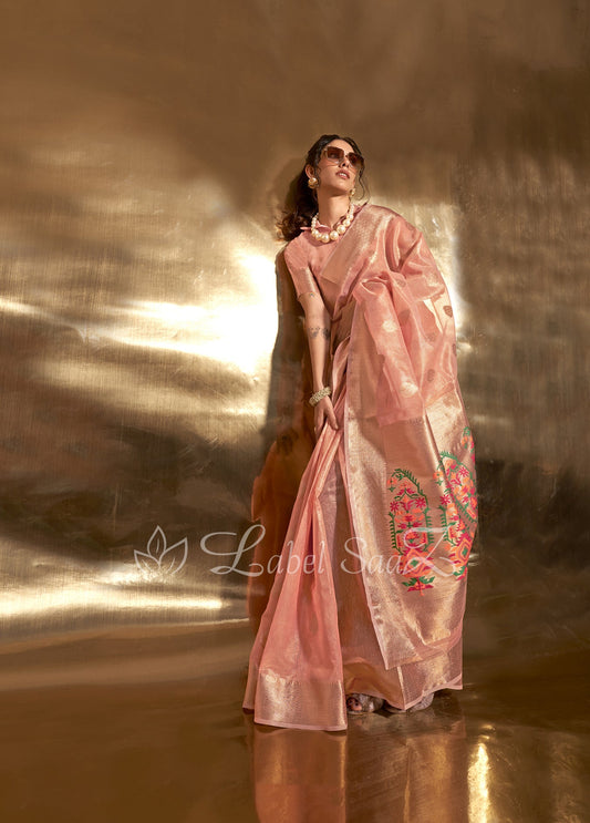 Melon Peach Kora Tissue Handloom Saree With Paithani Pallu