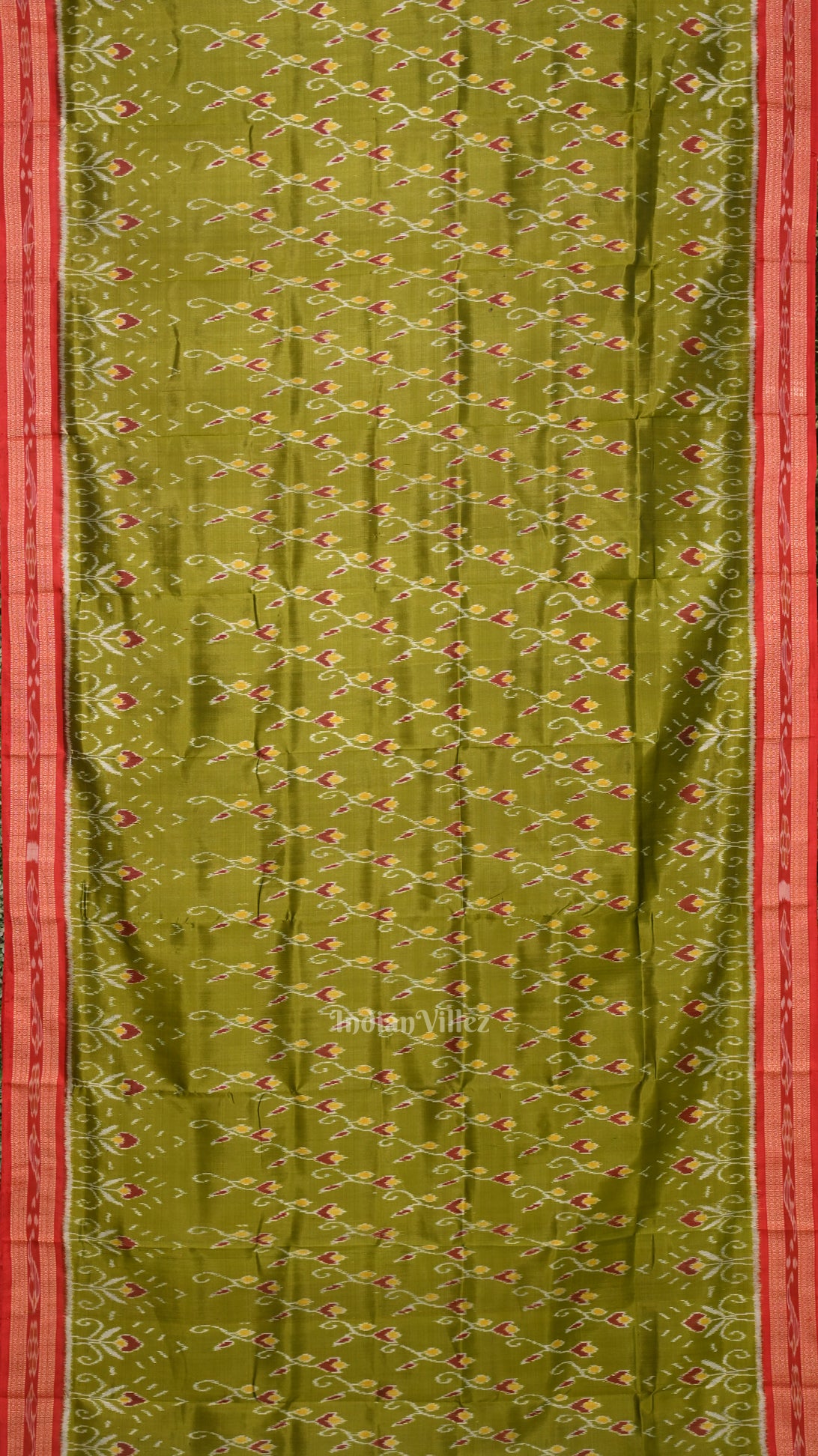 Mehendi Green Red Flower Motif Odisha Ikat Khandua Silk saree 