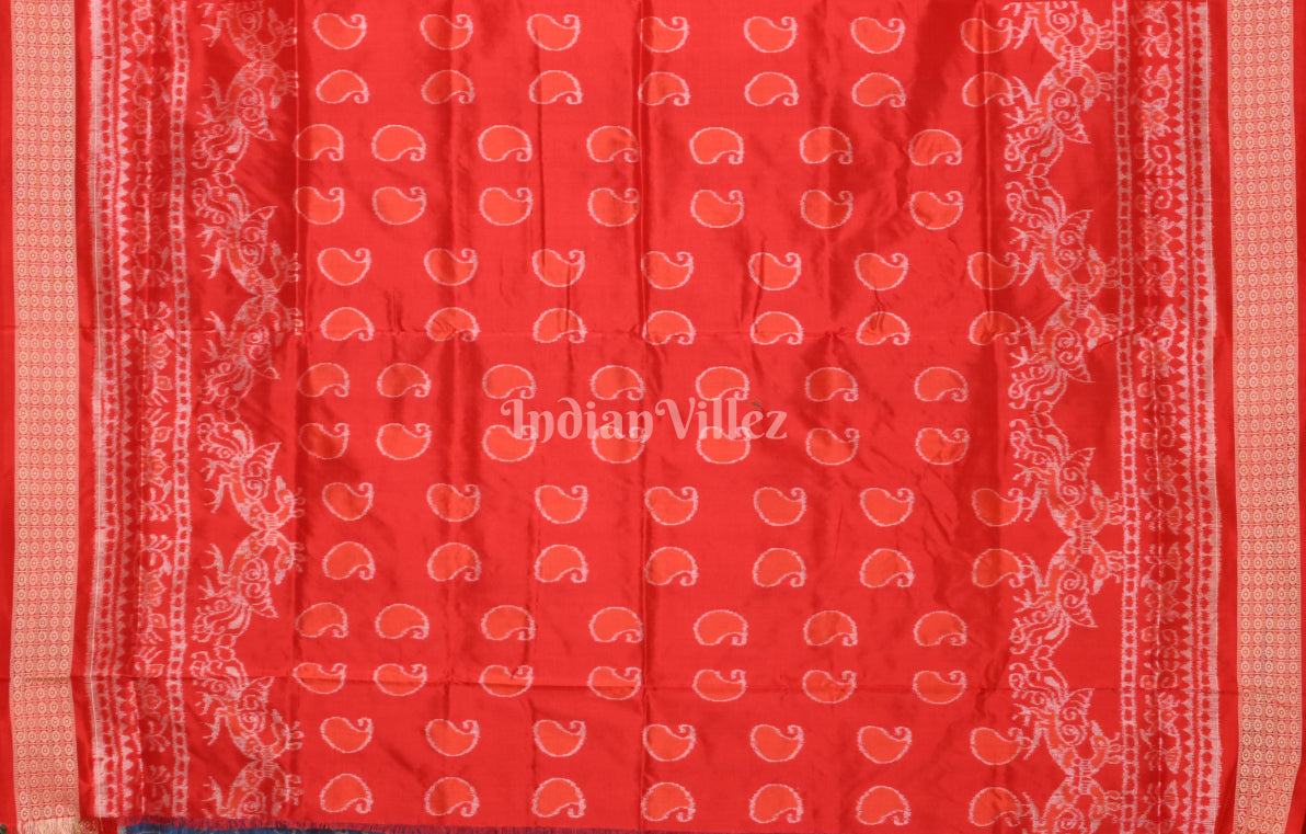 Peacock Blue Red Lotus & Animal Motif Odisha Ikat Sambalpuri Silk Saree 