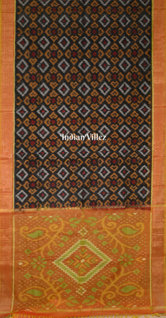 Black Rust Orange Pochampally Ikat Silk Cotton (Sico) Saree 