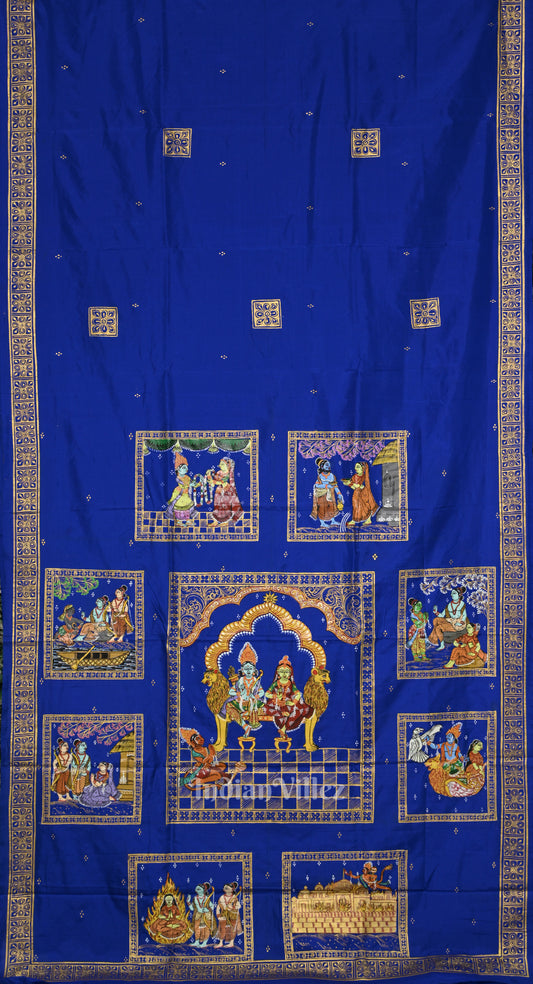 Royal Blue Ramayan Theme Hand-Painted Pattachitra Saree 